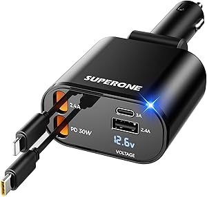 ?Upgraded? SUPERONE Retractable Car Charger 4 in 1, Fast Car Phone Charger with Cord 2.6ft, USB C and Apple Car Charger Adapter, Compatible with iPhone 16 15/15 Pro Max/14/13/12/11, Galaxy, Pixel