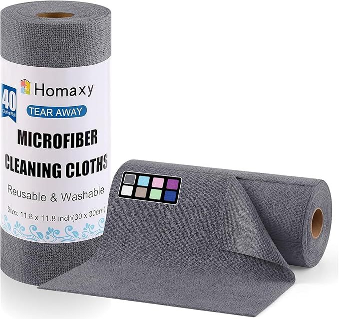 Homaxy Microfiber Cleaning Cloth Roll, 40 Pack Reusable Tear Away Towels, 11.8" x 11.8", Ultra Absorbent and Lint Free Cleaning Rags Towels for Car, House, Kitchen, Grey