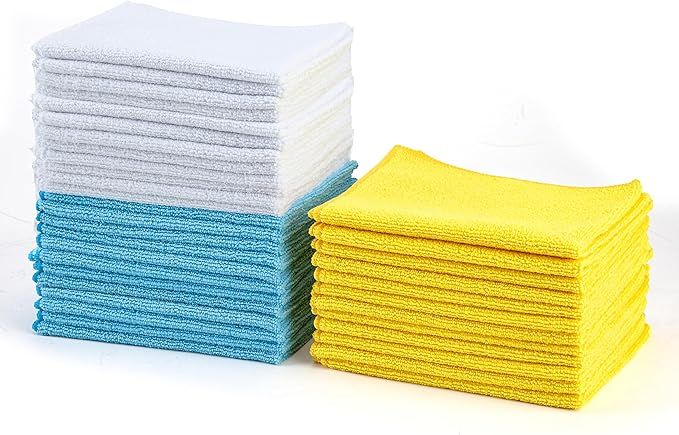 Amazon Basics Microfiber Cleaning Cloths, Non-Abrasive, Reusable and Washable, Pack of 36, Blue/White/Yellow, 16" x 12"