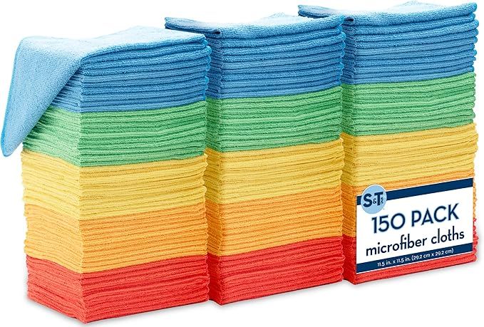 S&T INC. 150 Pack Microfiber Cleaning Cloth, Bulk Microfiber Towel for Home, Reusable Microfiber Towels for Cars, Assorted, 11.5 in. x 11.5 in., 150 Count