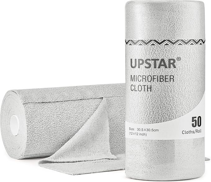 UPSTAR Microfiber Cleaning Cloth, Reusable Paper Towels Rolls, Cleaning Rags for Cleaning Kitchen, Bathroom, Car, 12x12 inch, 50 Packs/Roll, Grey